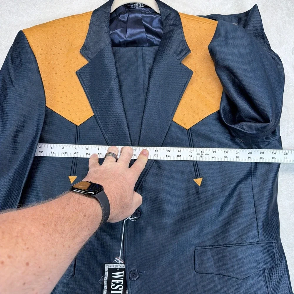 70s Vtg Westline Suit Mens 50/40 Blue Yellow Western Point Yoke Rockabilly
